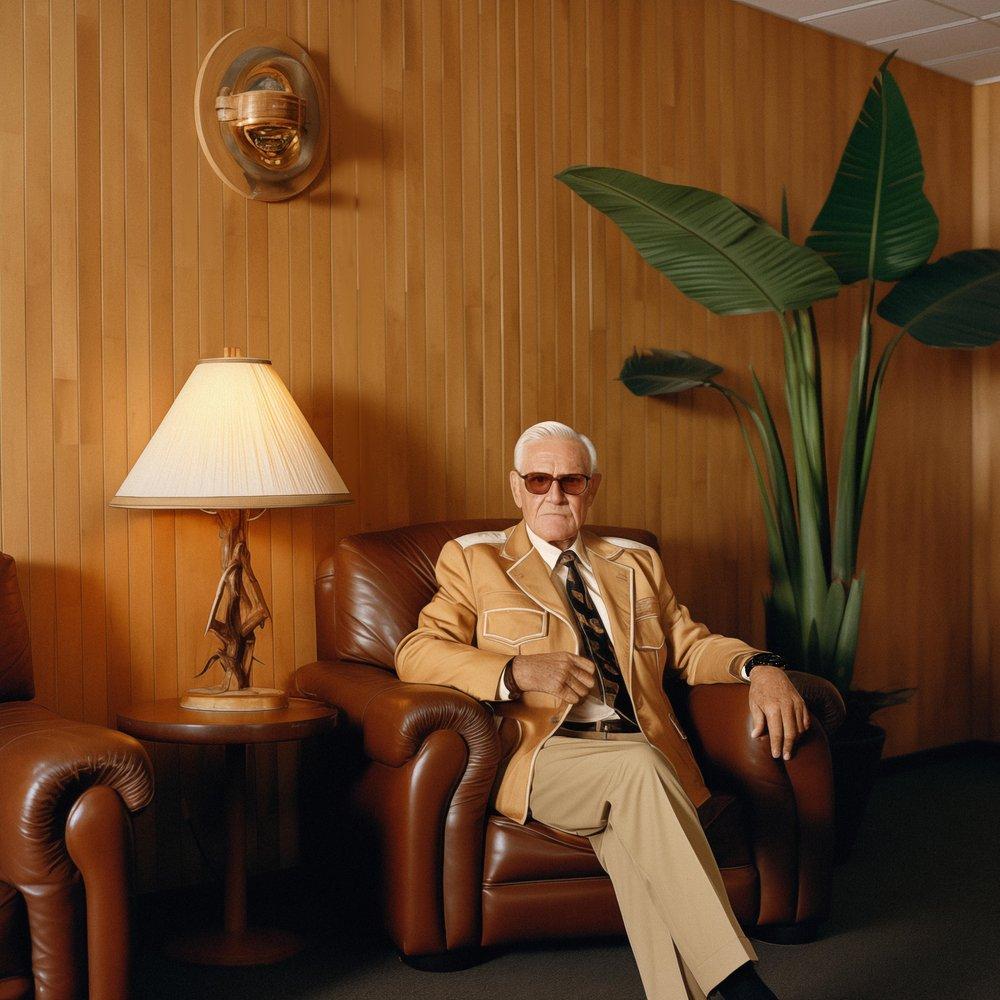 An elderly man sits in a leather armchair with a wooden table and lamp nearby, in a room with a wooden wall and a large plant.