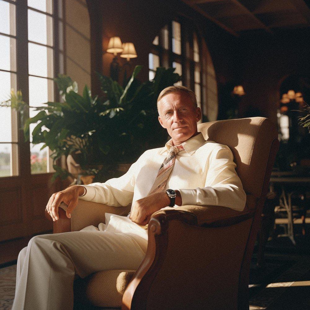 A man in a white suit and tie sitting in a chair in a dimly lit, luxurious room with large windows and a plant in the background.