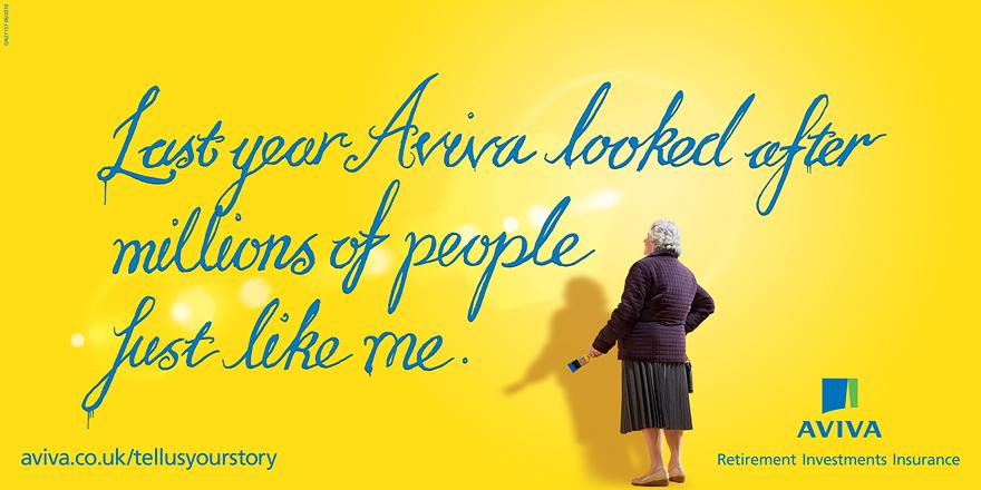 An older woman stands in front of a yellow background with large blue text reading 'Last year, Aviva looked at millions of people just like me.'.