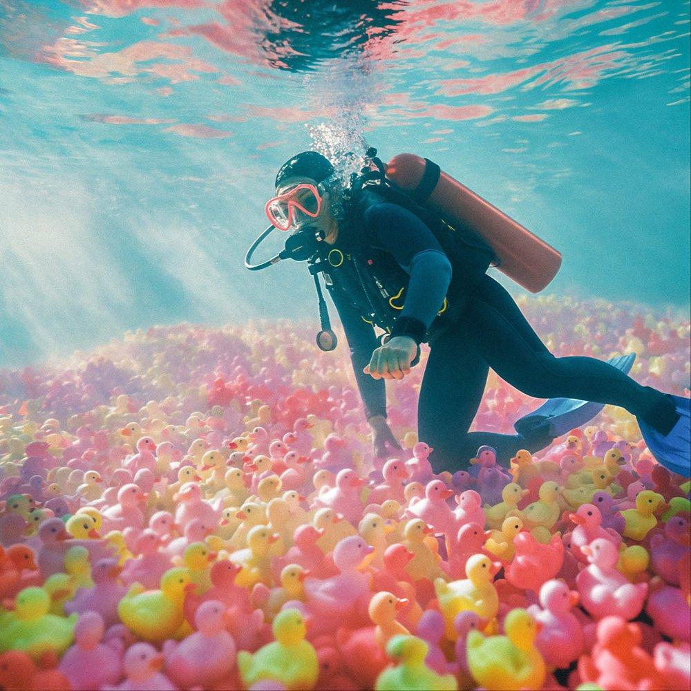 A scuba diver among many colorful rubber ducks in the ocean.