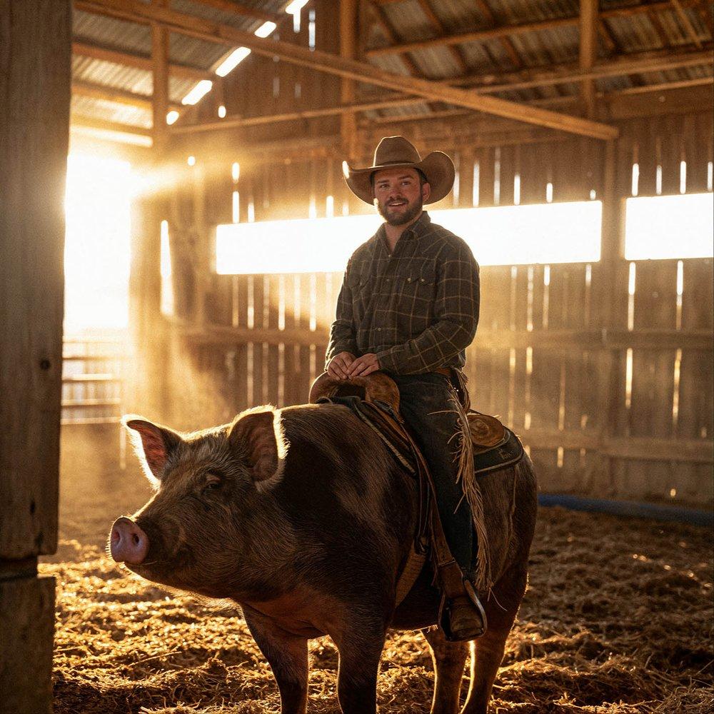 A man wearing a cowboy hat and plaid shirt riding a pig inside a barn.