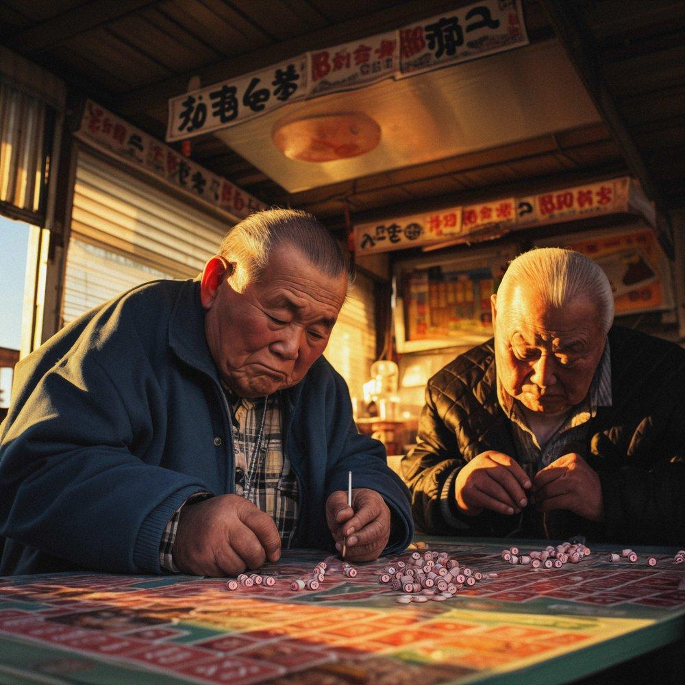 Two elderly men play a board game on a table with Chinese characters in an Asian-style restaurant.