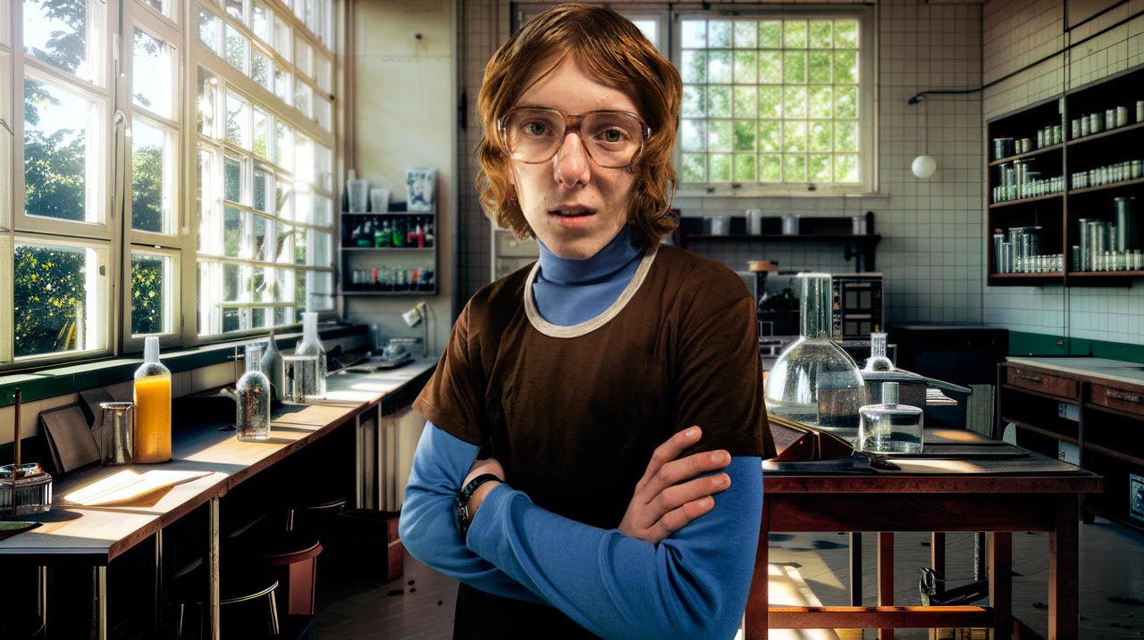 A young man with red hair and glasses in a science lab, wearing a brown t-shirt over a blue long-sleeve shirt, with various science equipment and bottles on the tables around him. Gary Salter — AI Experiment