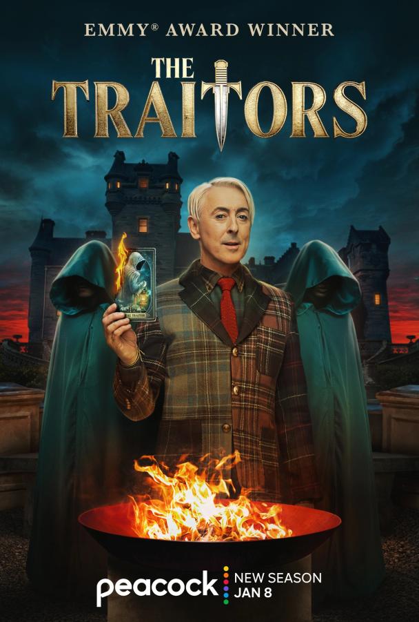 A man in a plaid suit and red tie, holding a card with a mysterious image, standing in front of a dark, gothic-style castle.