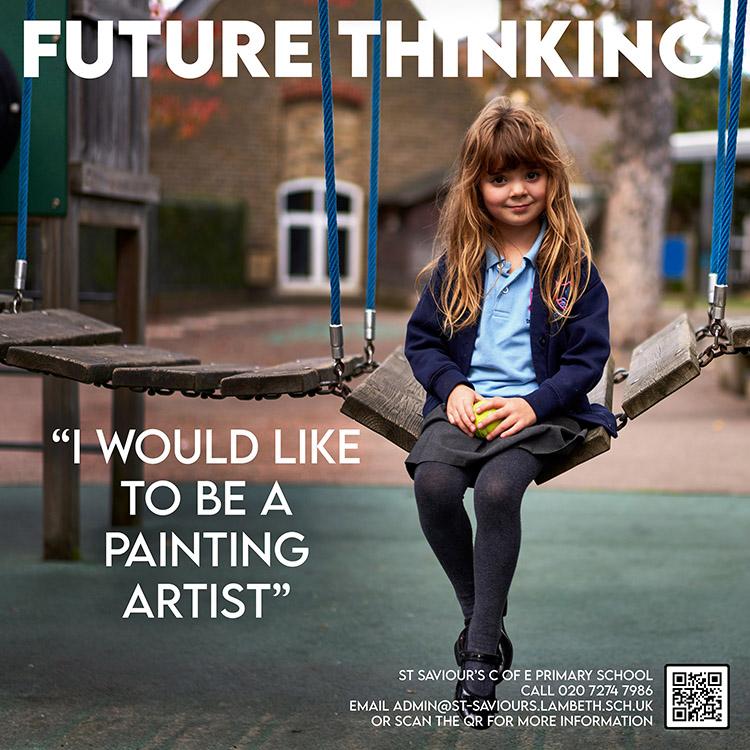 A young girl in a school uniform is sitting on a swing in a playground, holding a green apple.