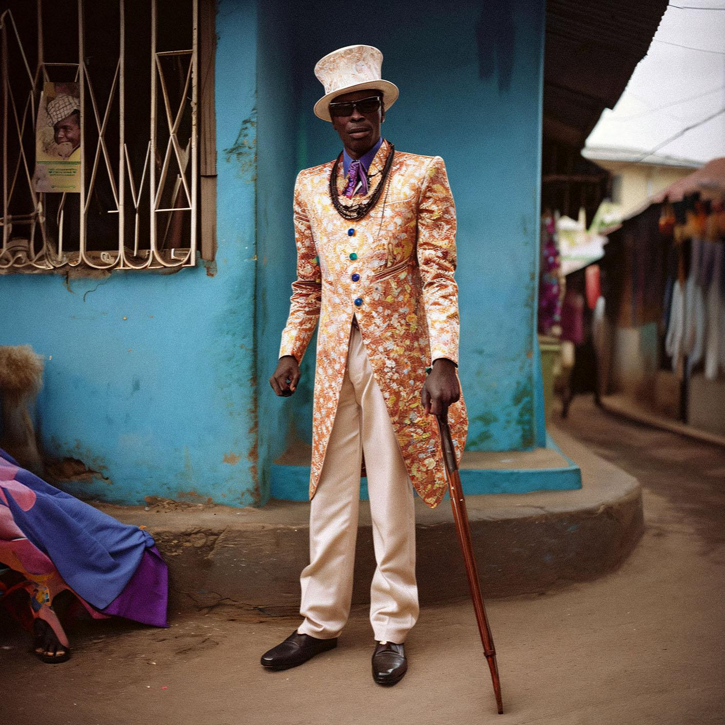A man in an ornate suit with a top hat and walking stick stands in front of a blue wall.