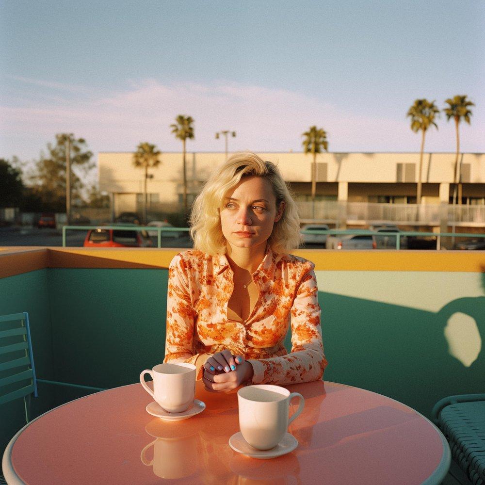 A woman with blonde hair and a floral blouse sits at a table with two empty coffee cups in a sunny outdoor setting with palm trees in the background.