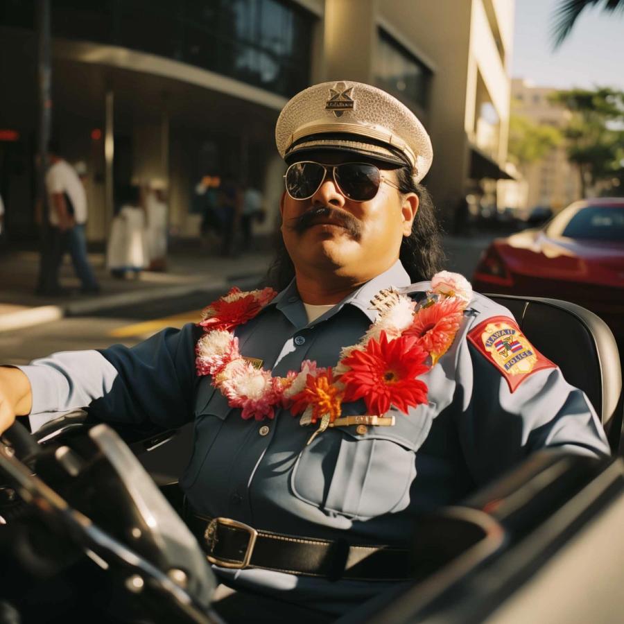 A police officer in a Hawaiian-style uniform, complete with a floral garland and sunglasses, is driving a convertible car through a tropical city.