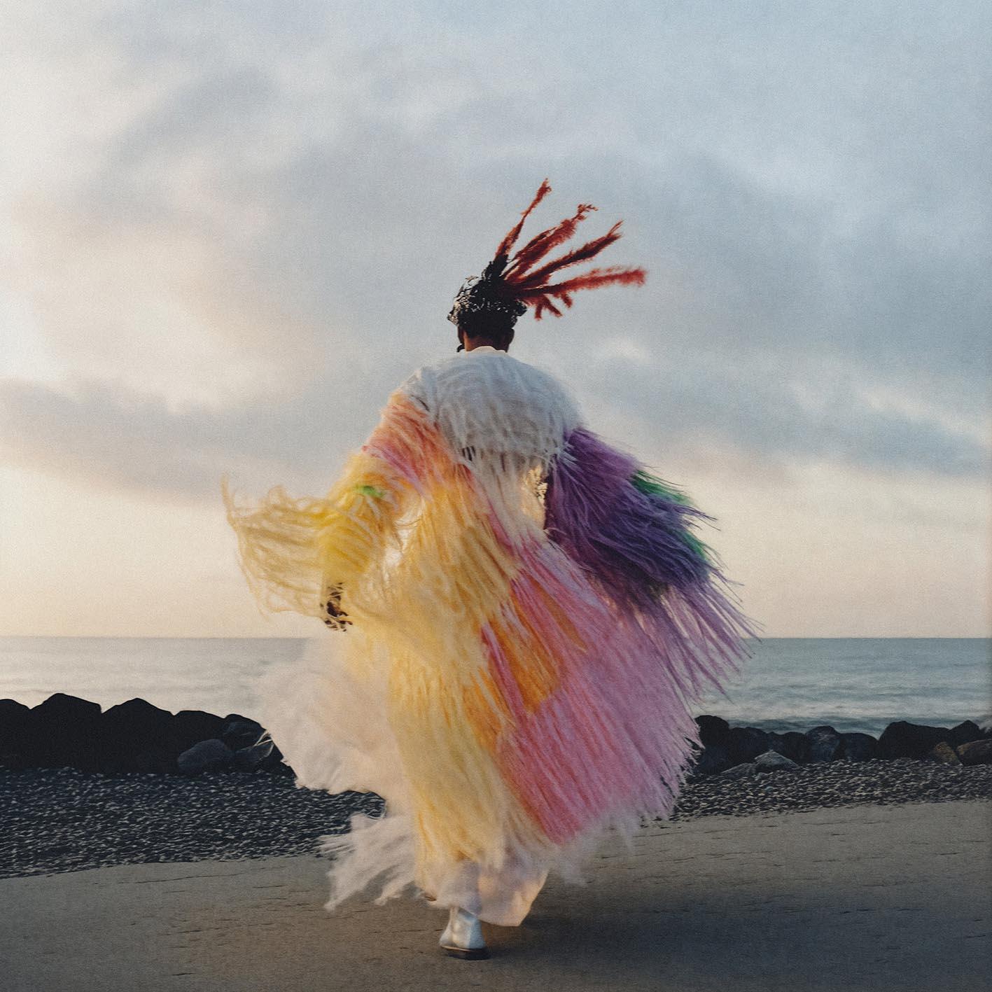 A person wearing a colorful, feathered costume and large headpiece stands on a beach with an ocean view.