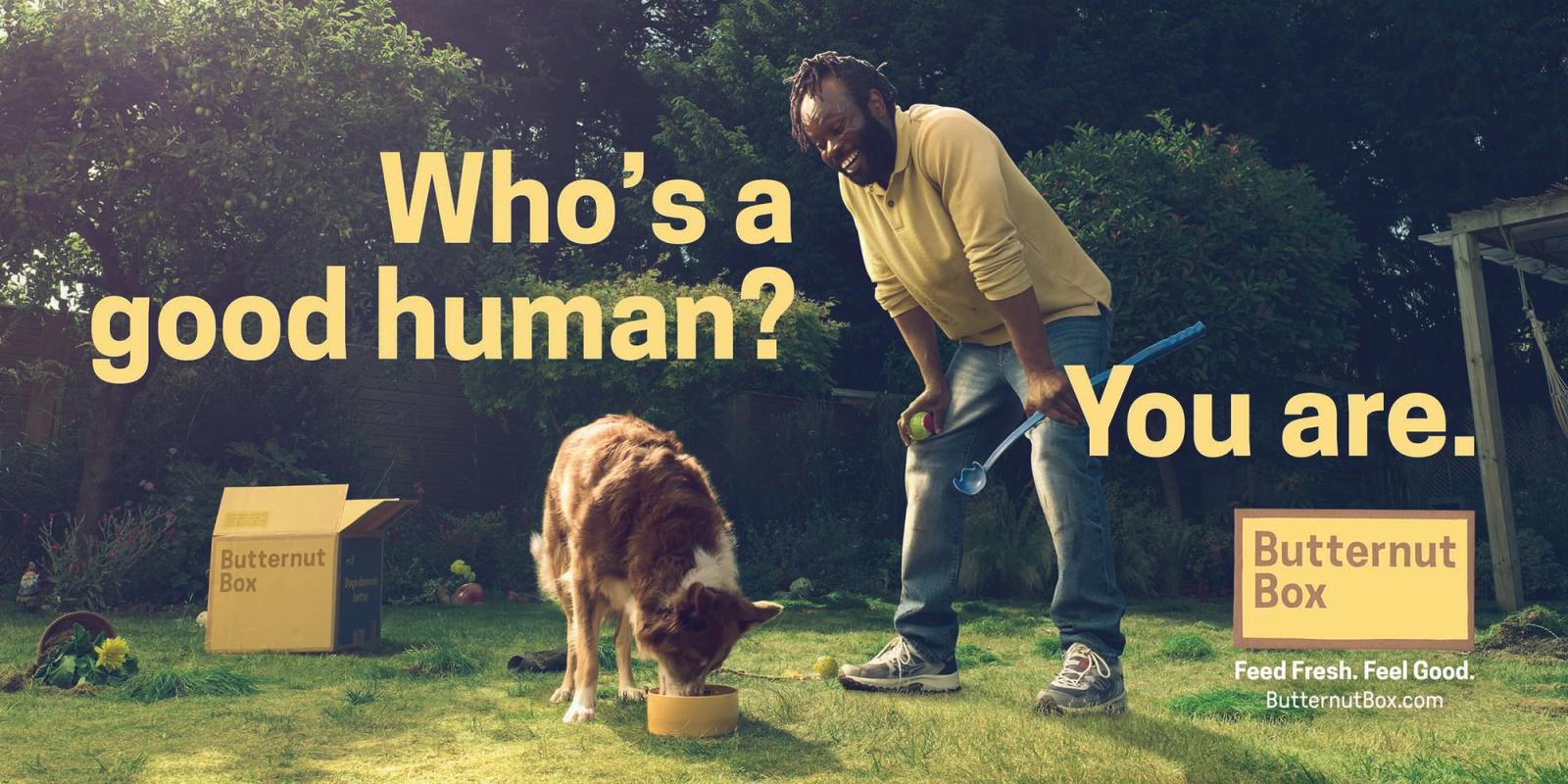 A man in a yellow shirt and jeans is holding a tennis racket and a tennis ball, with a dog eating from a bowl in the background.