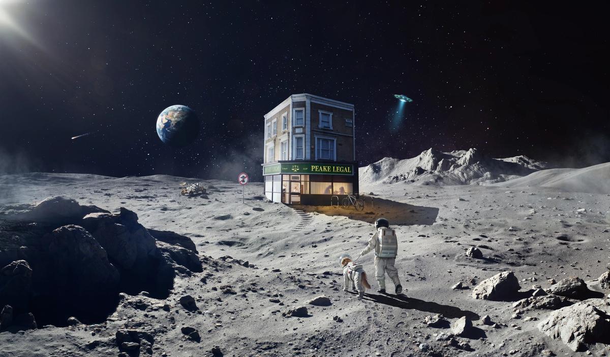 An office building on the moon being visited by an astronaut and his dog by George Logan and Alys Thomas