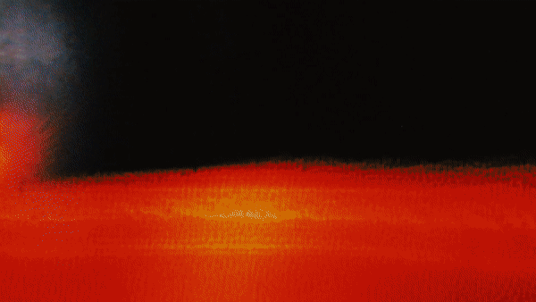 Animated abstract dark image with red and orange tones, driving, beach.