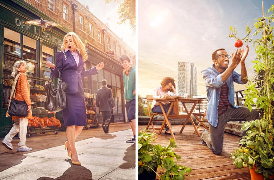 A woman in a business suit walking down a city street, with a man in a suit and a woman in a business suit in the background, and a bird flying overhead.