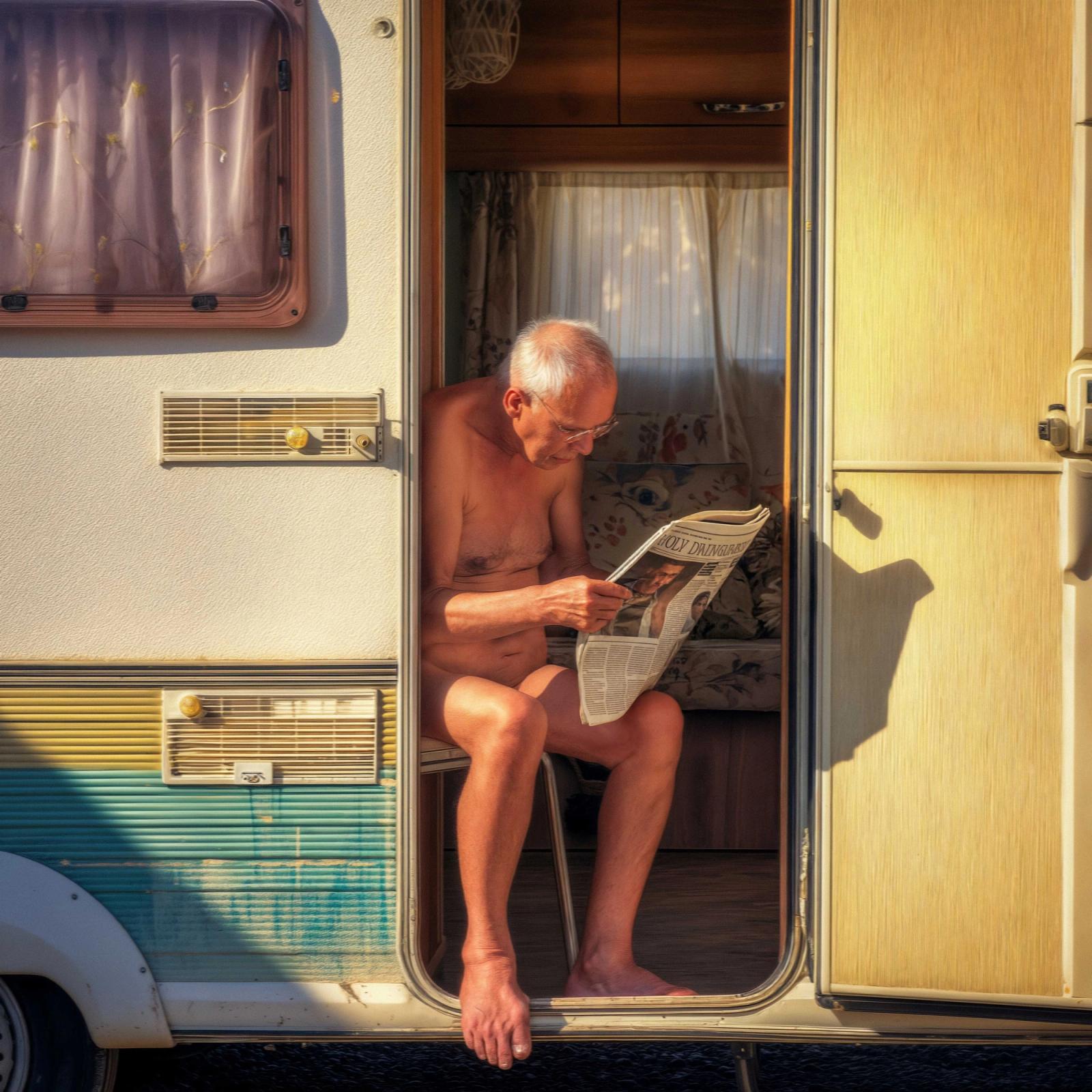 The image shows an older man with white hair sitting on a small stool just inside the open door of a light blue and cream-colored caravan. He is naked and leaning forward, intently reading a newspaper. The scene is illuminated by the warm glow of the sun, casting a soft shadow of the caravan door against the side of the vehicle.