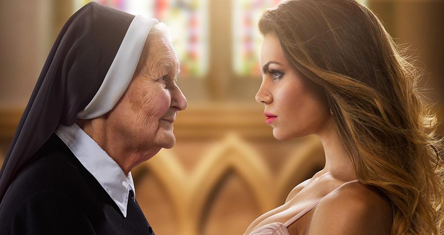 A woman in a nun's habit, a young woman in a pink dress, and an older woman in a black and white outfit are standing in a church-like setting.
