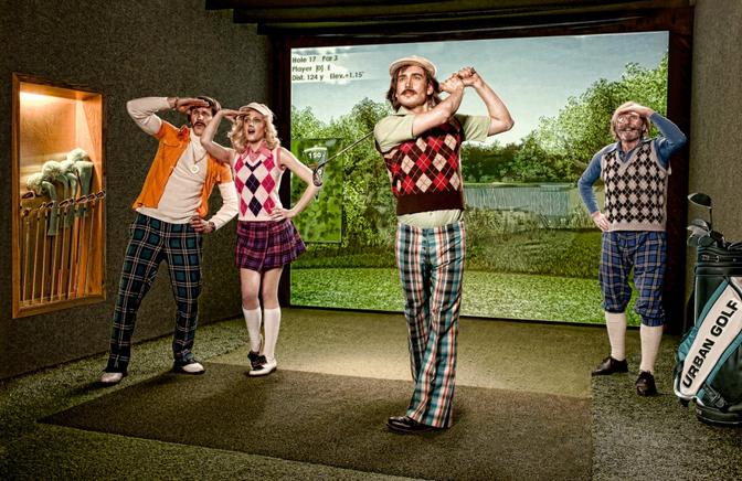 Four golfers, two men and two women, dressed in golfing attire, including golf shirts, golf pants, golf shoes, and golf hats, standing in a golfing environment.