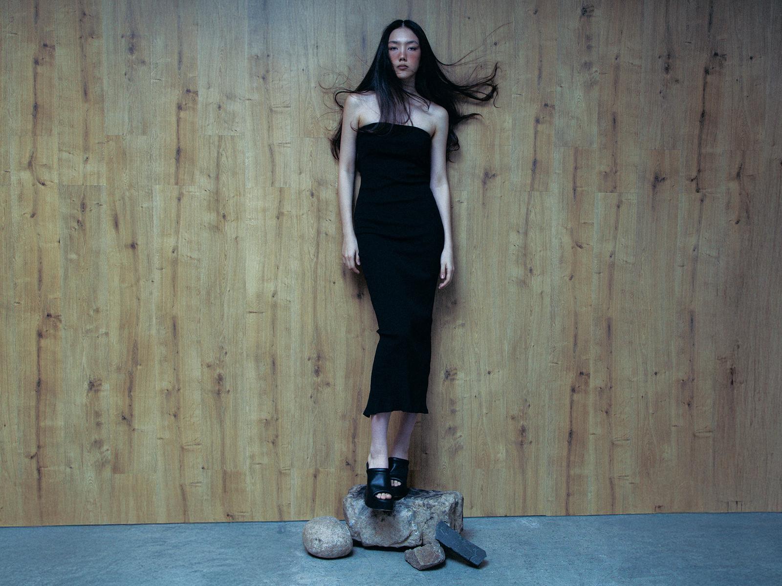 A woman with long, dark hair and a black dress stands on a rock, surrounded by a few scattered rocks and a wooden wall in the background.