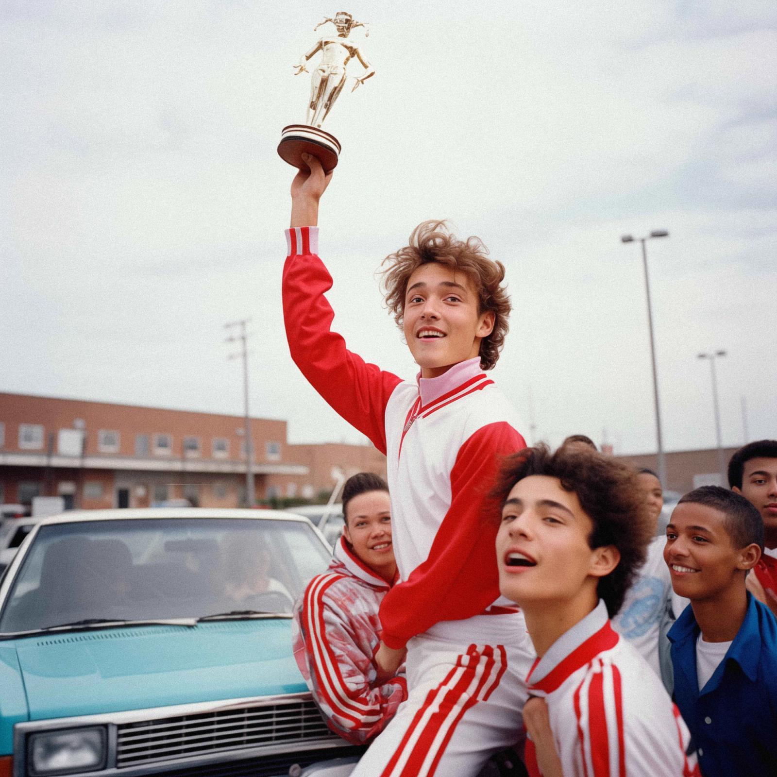 A group of young people, likely teenagers, celebrating a victory with a trophy, wearing matching red and white track suits, in a parking lot with a blue car in the background.