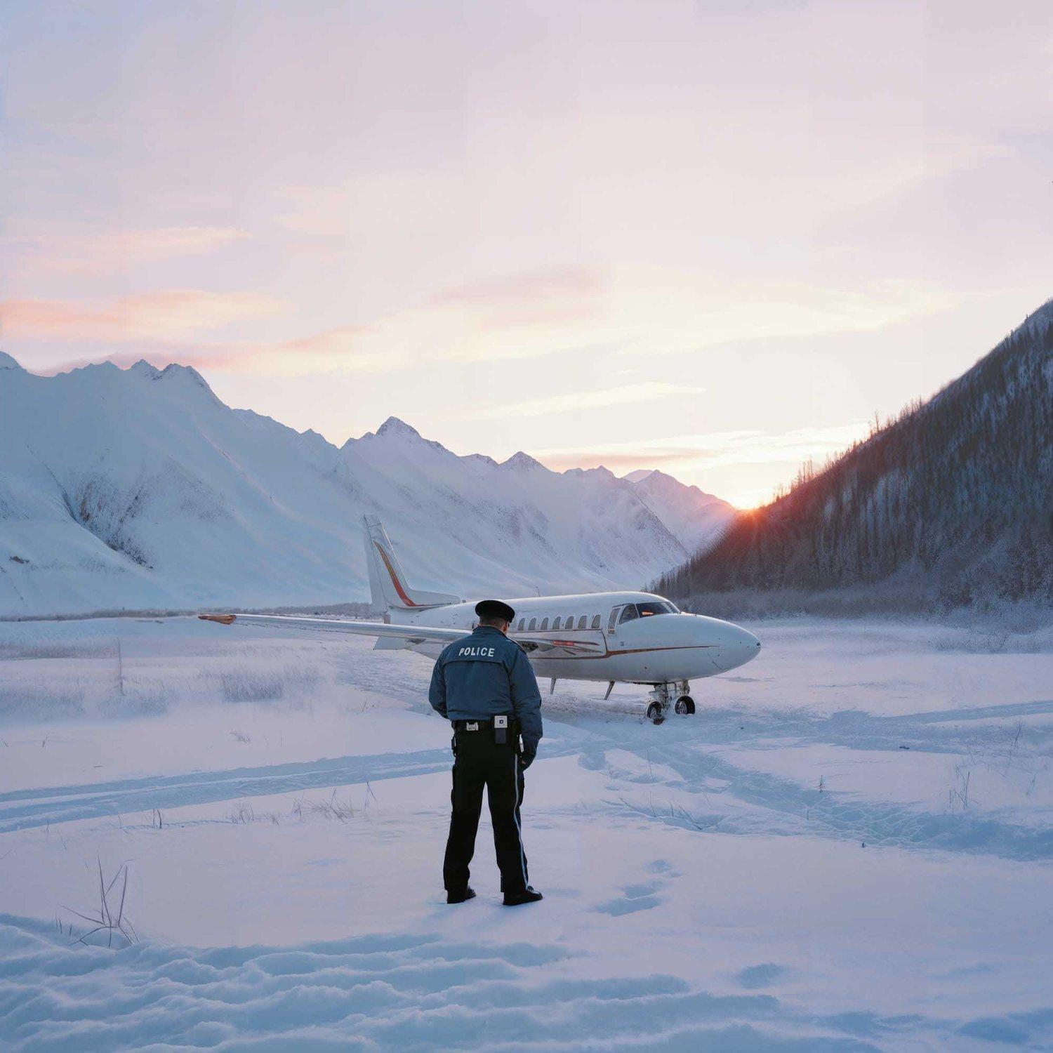 A police officer stands in the snow near a small plane, with a mountain range in the background.