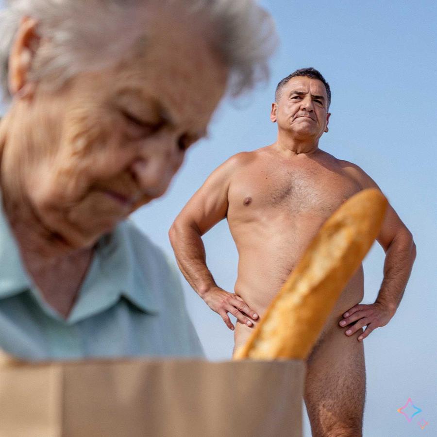 A naked man stands in front of a woman, who is holding a baguette, in a public place, likely a street or market, with a clear blue sky in the background.