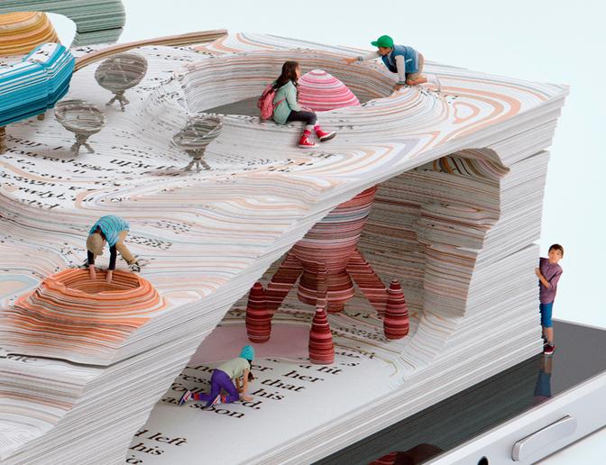 A 3D image of a group of people in various outfits, including a woman in a blue dress, a man in a red shirt, and a child in a yellow hat, standing on top of a large, colorful, 3D-printed book with a cityscape in the background.