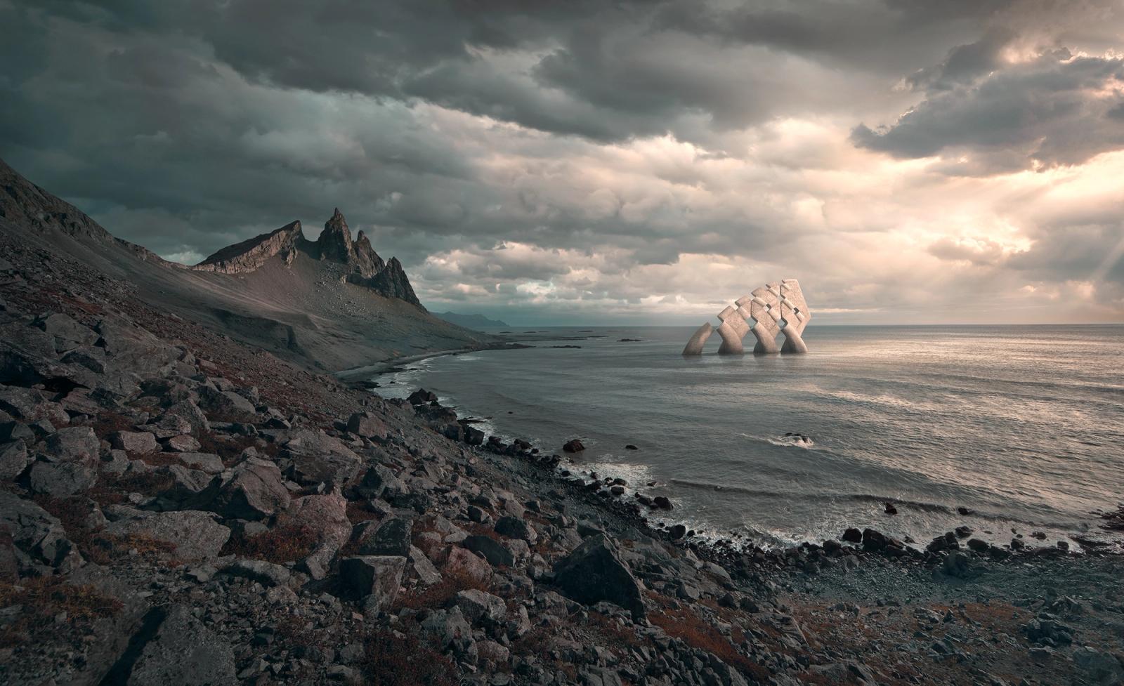 A rocky, barren landscape with multiple large, rocky islands in the distance and foreground.