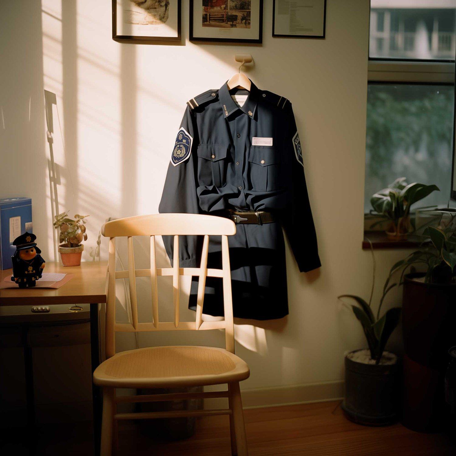A police uniform hangs on a wall in a dimly lit office, with a chair in the foreground.