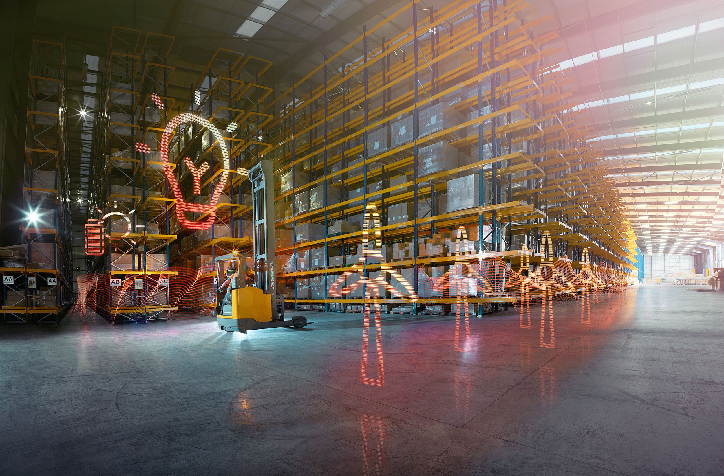 A large, dimly lit warehouse with rows of shelving and forklifts, with a few large, industrial-style signs and a few people in the background.