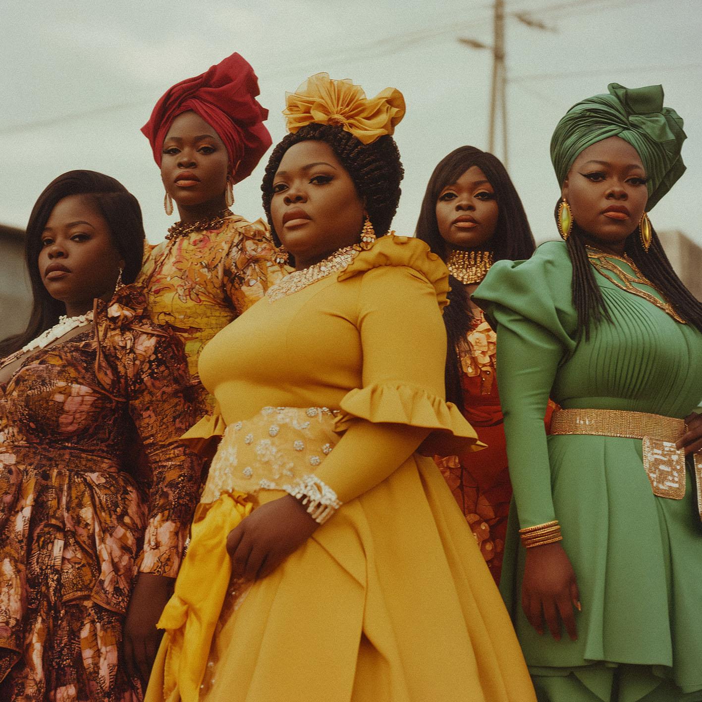 A group of five women, all with dark skin, dressed in various African-inspired outfits, posing together in a city street.