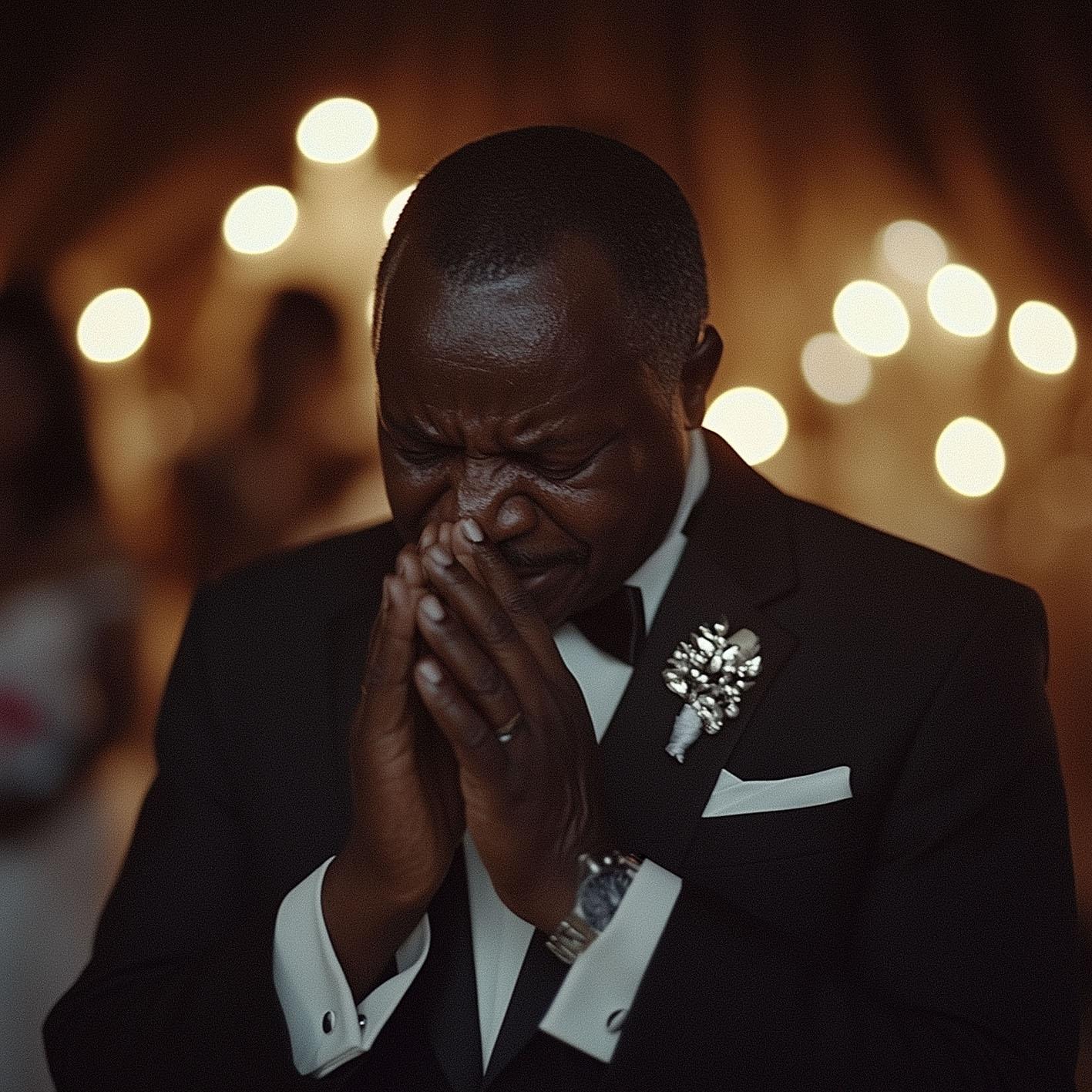 A man in a black tuxedo is overcome with emotion, his face in his hands.