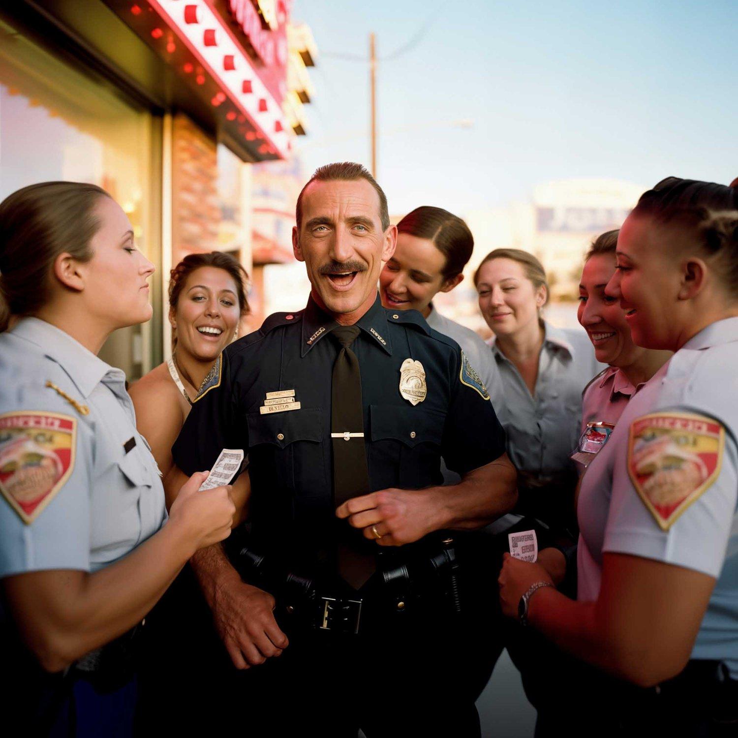 A police officer in a dark blue uniform with a badge and a mustache, surrounded by a group of women in police uniforms, in a city street setting.