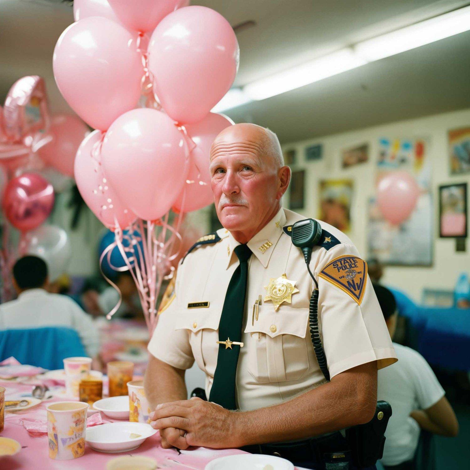 A police officer sits at a table with pink balloons and a birthday cake behind them.