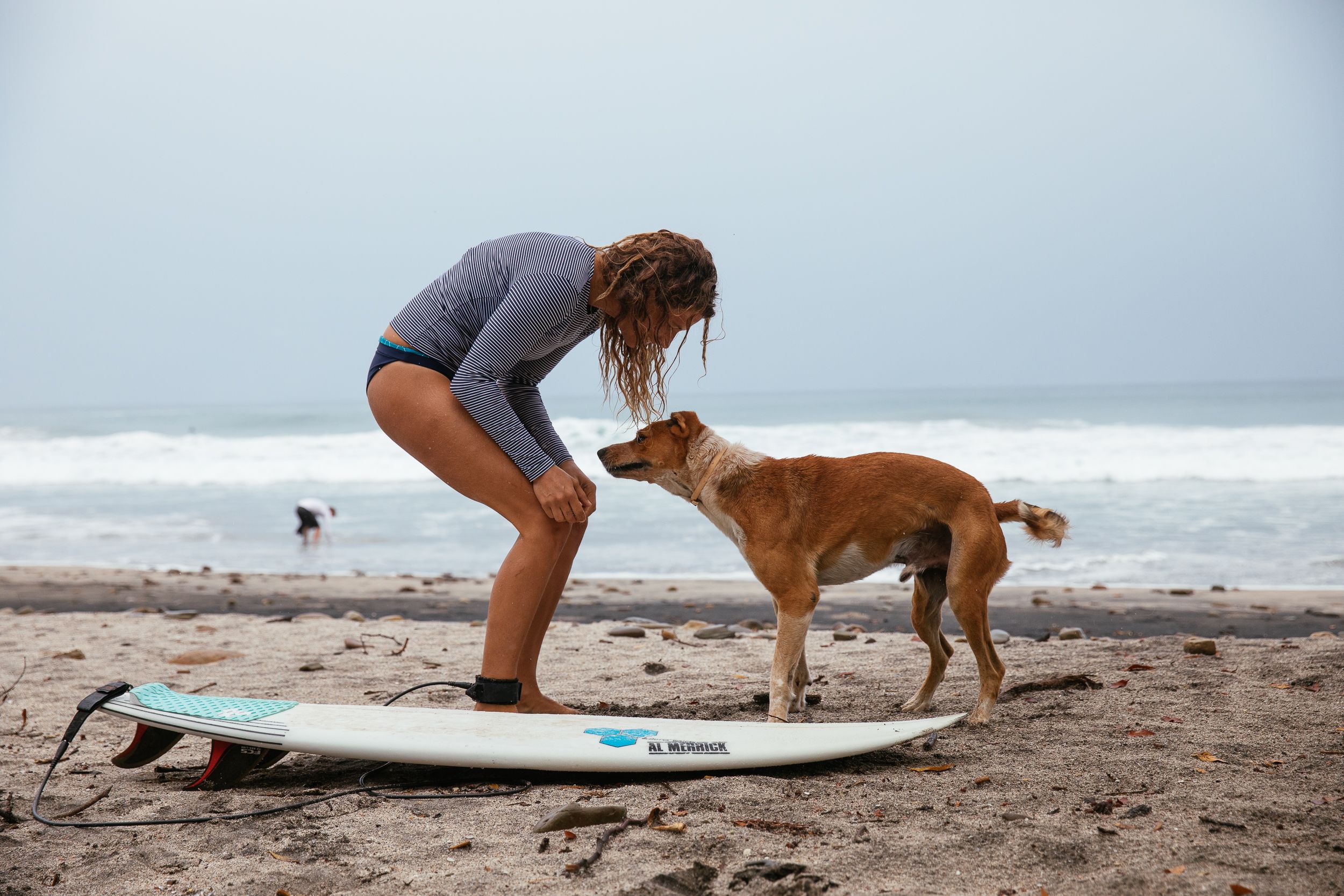 A woman in a wetsuit and a dog on a beach, with a surfboard nearby.