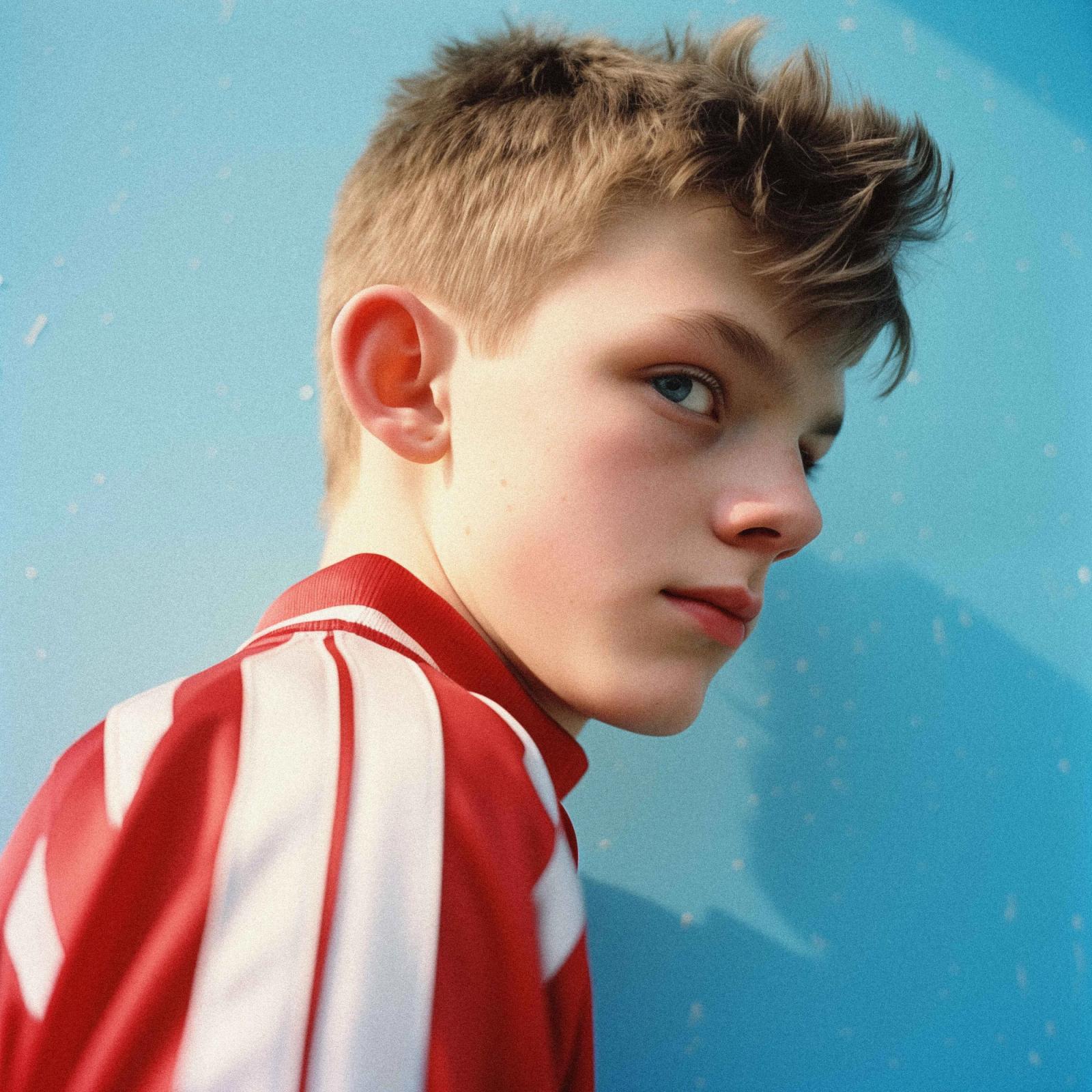 A young boy with messy brown hair and a red and white striped soccer jersey looks curiously over his shoulder.