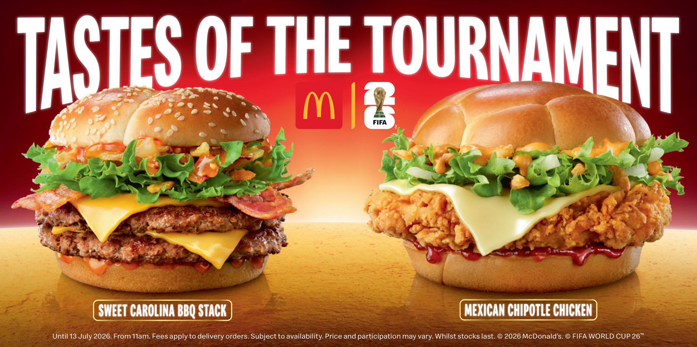Chelsea Bloxsome McDonalds McD World Cup Duo Burger delicious dripping cheese and beef and crispy chicken  landscape with copy