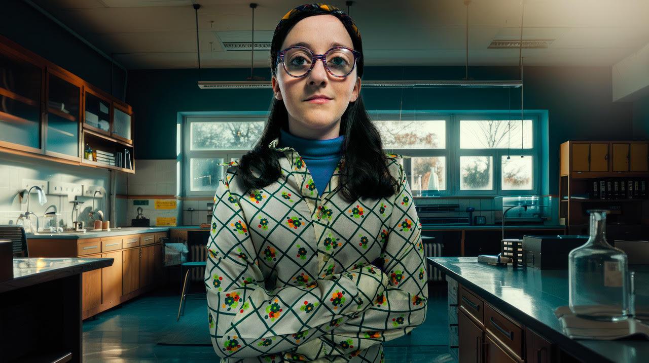 A woman with long dark hair and glasses standing in a science laboratory, wearing a white lab coat with a geometric pattern and a blue turtleneck. Gary Salter — AI Experiment
