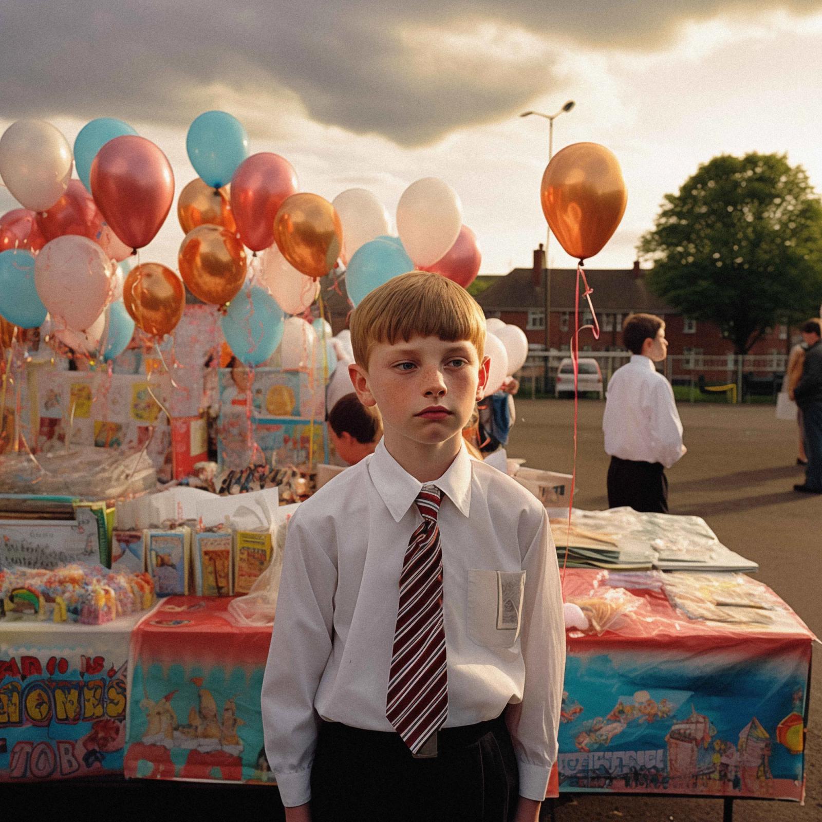 A young boy in a white shirt and red striped tie stands in front of a table with a large display of balloons and a tablecloth with a cartoon character theme.
