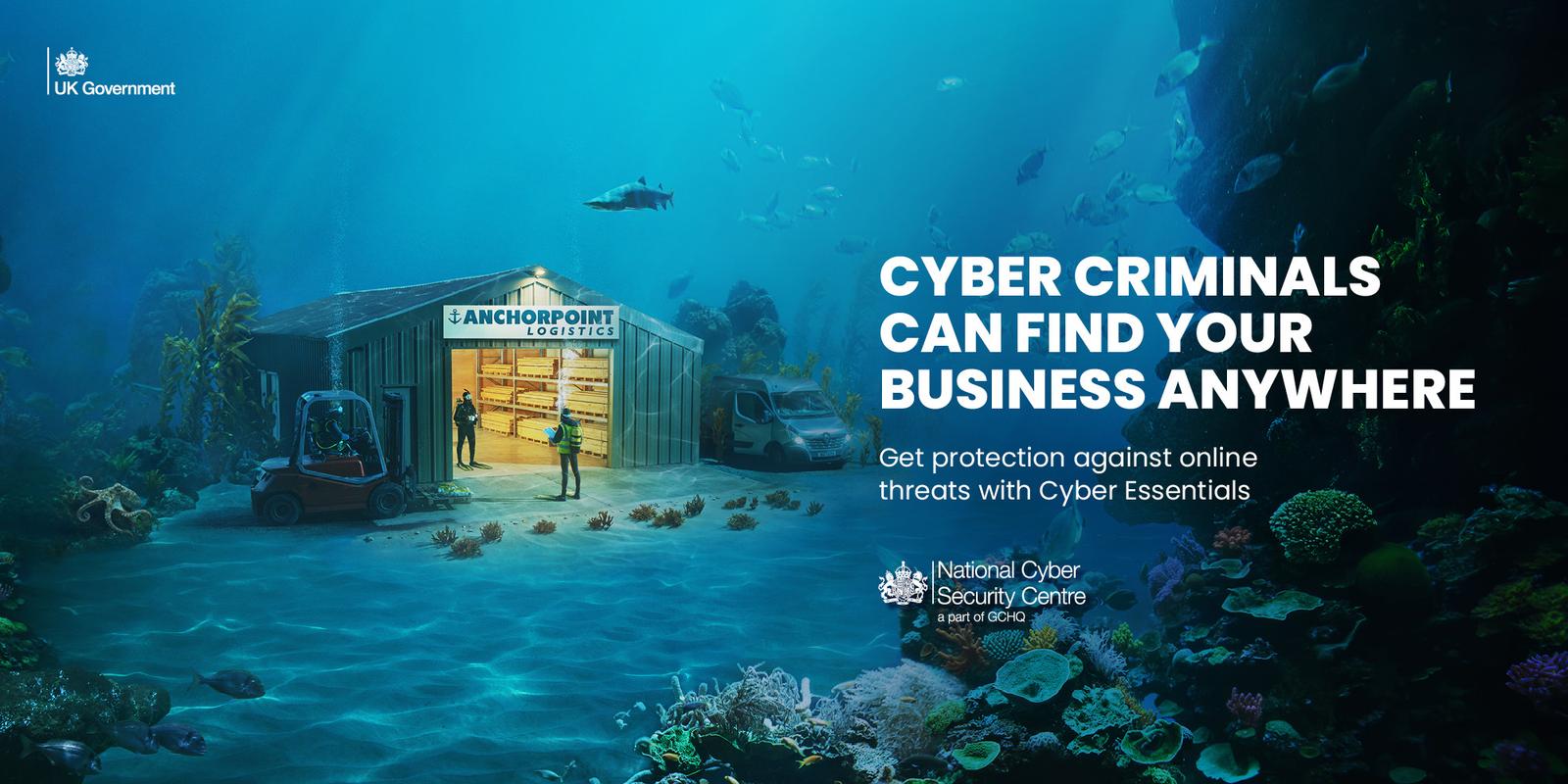 A business underwater being visited by a diver.