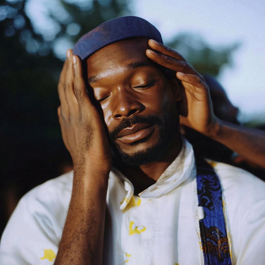 A man with his eyes closed, hands on his head, wearing a white shirt and a blue cap.