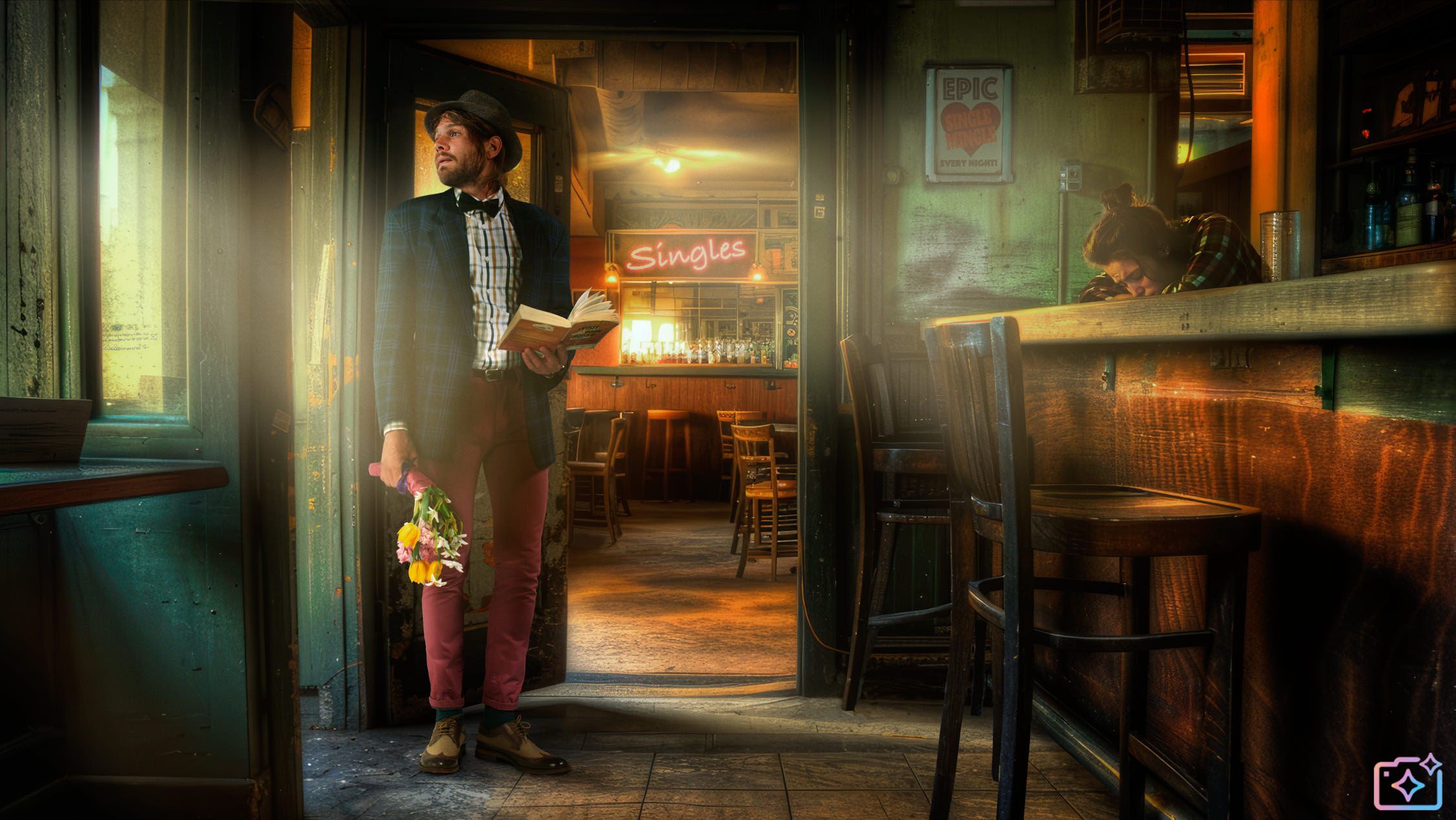 A man in a suit and fedora, holding a book and standing in a dimly lit, old-fashioned bar or pub, with a sign reading 'Singles' in the background.