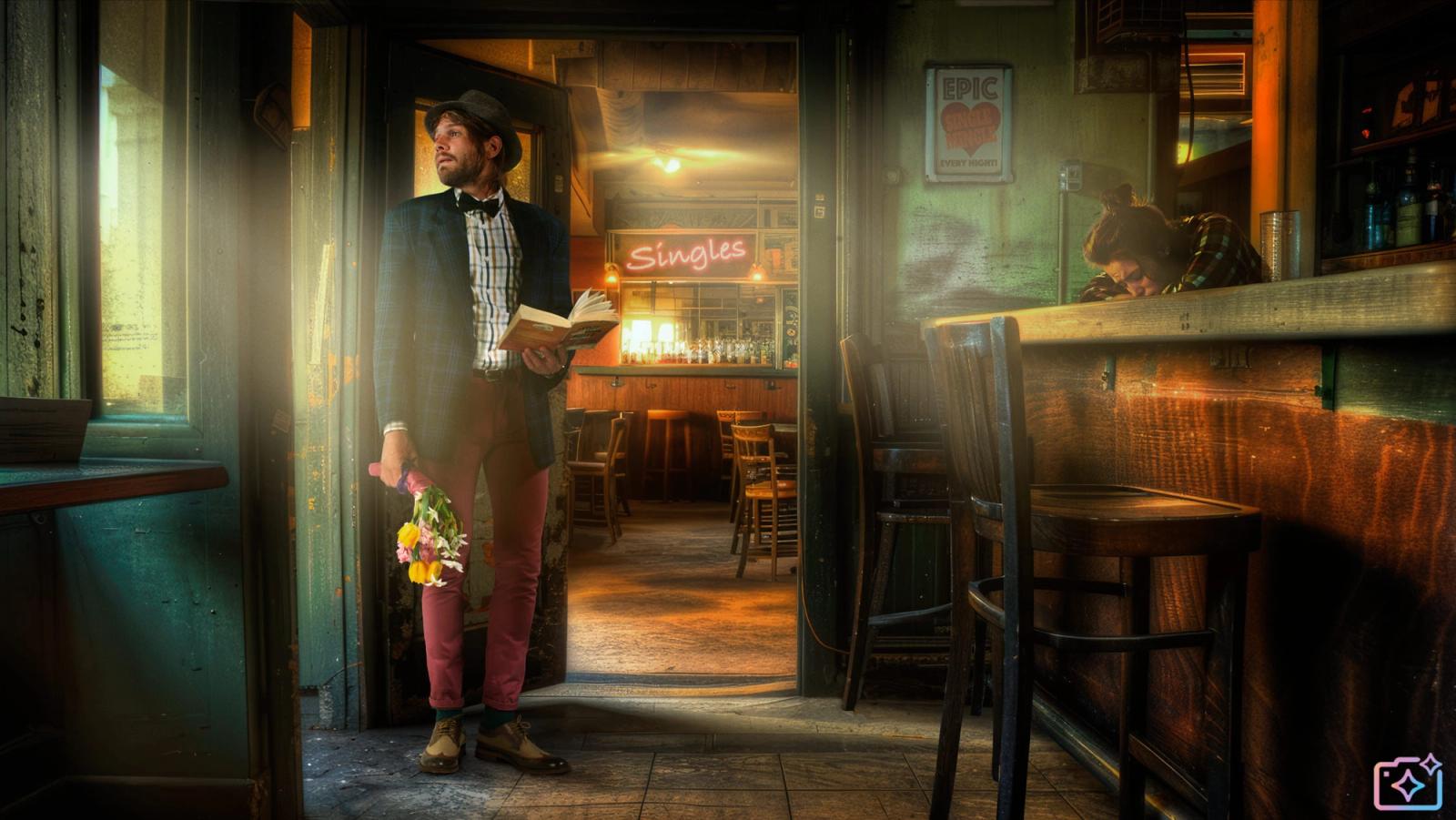 A man in a suit and fedora, holding a book and standing in a dimly lit, old-fashioned bar or pub, with a sign reading 'Singles' in the background.
