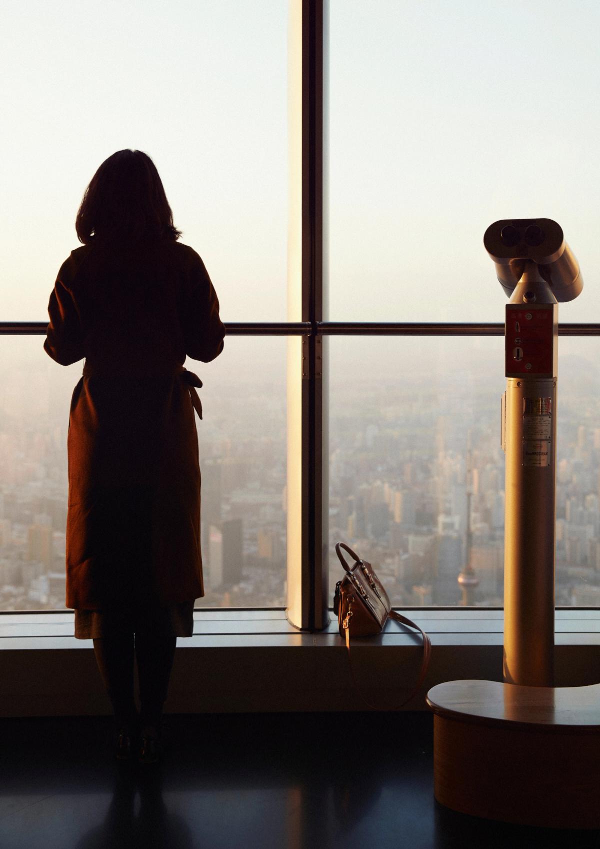 A woman stands alone at a window, gazing out at a cityscape. Her back is turned to the viewer, her dark hair and coat silhouetted against the bright, hazy city lights. The.