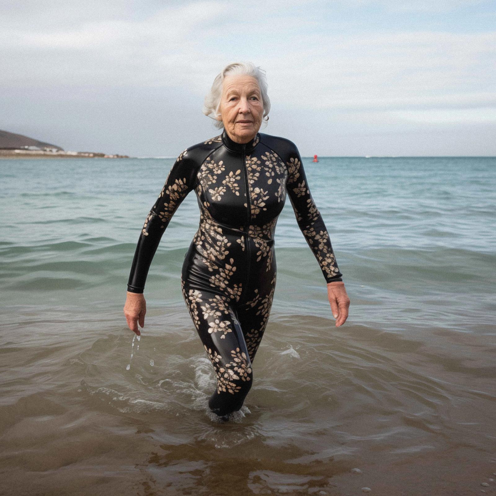 An elderly woman with short white hair and a wetsuit with a floral pattern is walking out of the ocean.