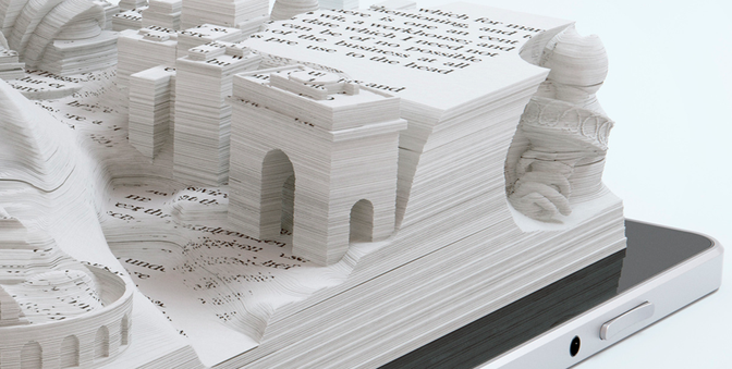 A 3D sculpture of a cityscape made from stacked books, with a large building in the center and a bridge in the foreground.