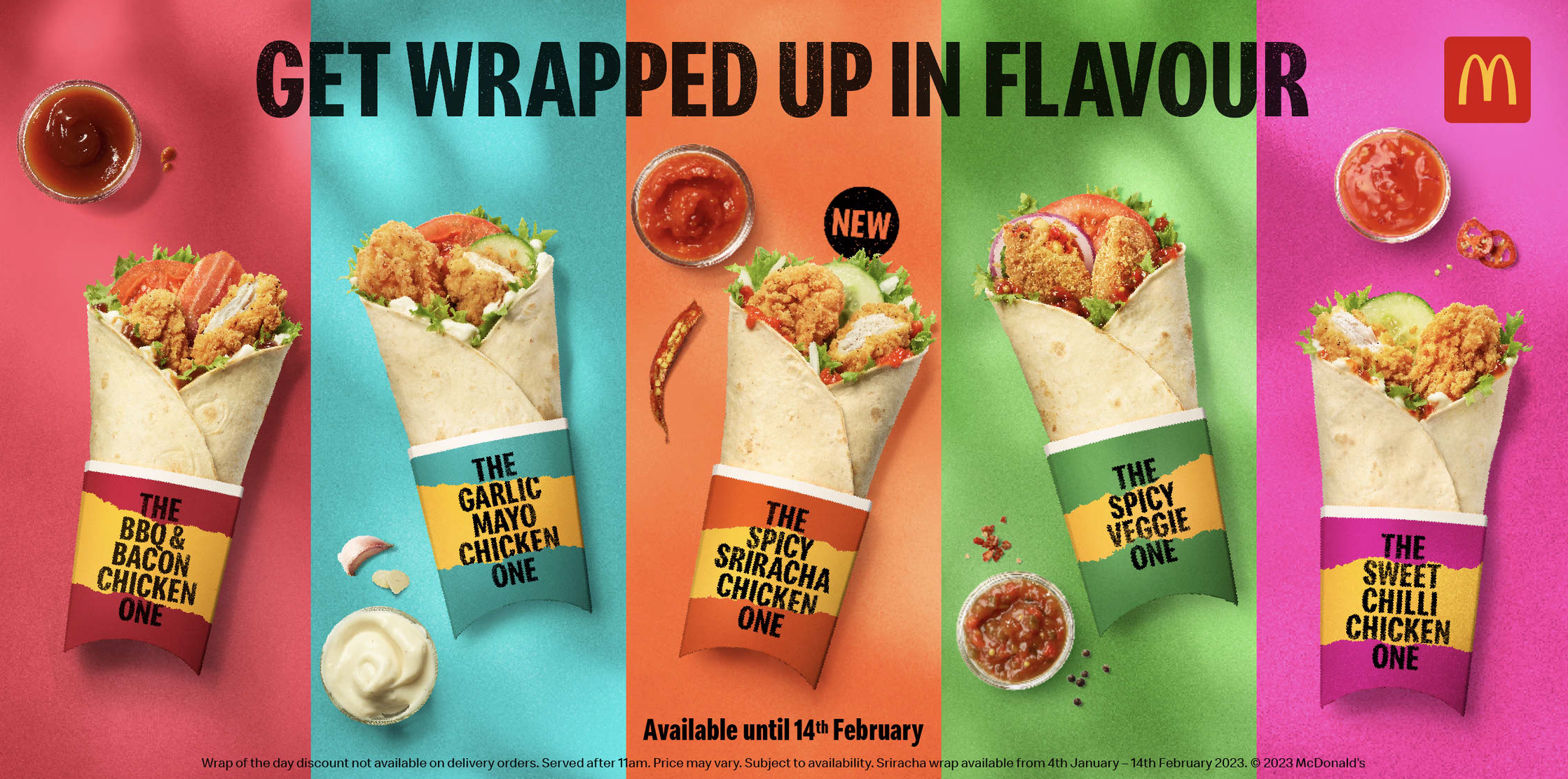 An advertisement for McDonald's chicken wraps showcasing various flavors, including new options.
