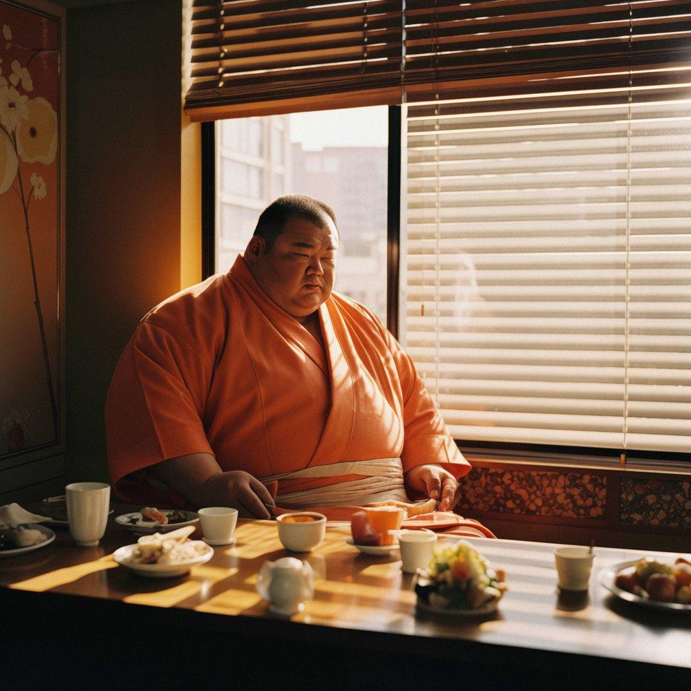 A man in a traditional Japanese kimono sits at a table with a variety of food and drinks in a dimly lit, Japanese-style room.