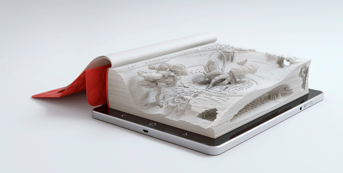 A 3D book with a cover that looks like a smartphone, with a screen displaying a 3D landscape with mountains, trees, and a lake.