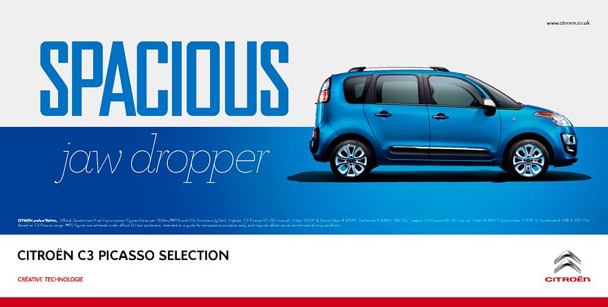 A blue Citroen C3 Picasso with a large, open mouth and a tongue-like protrusion, resembling a cartoon character's face.