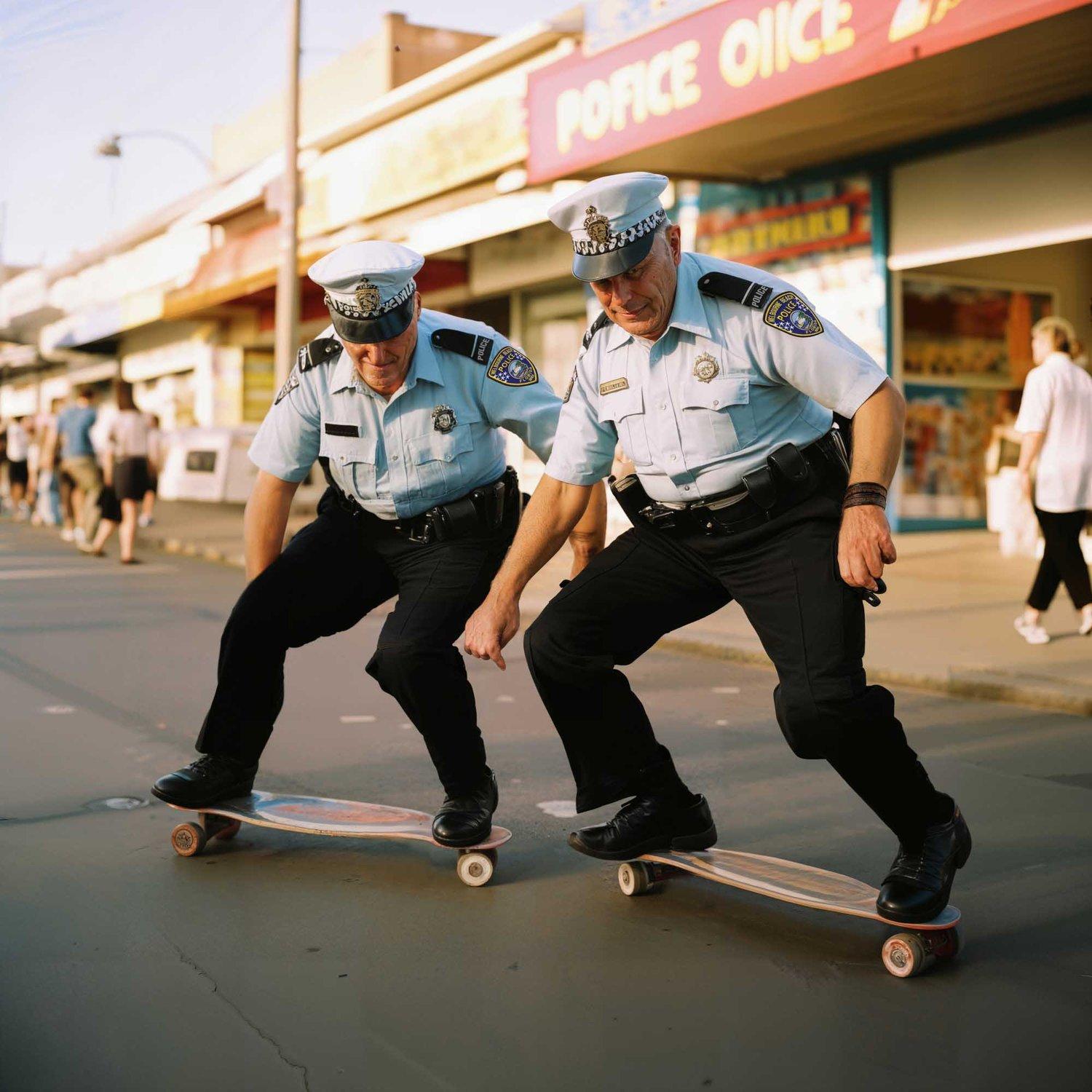 Two police officers in uniform ride skateboards down a street, wearing hats and sunglasses.