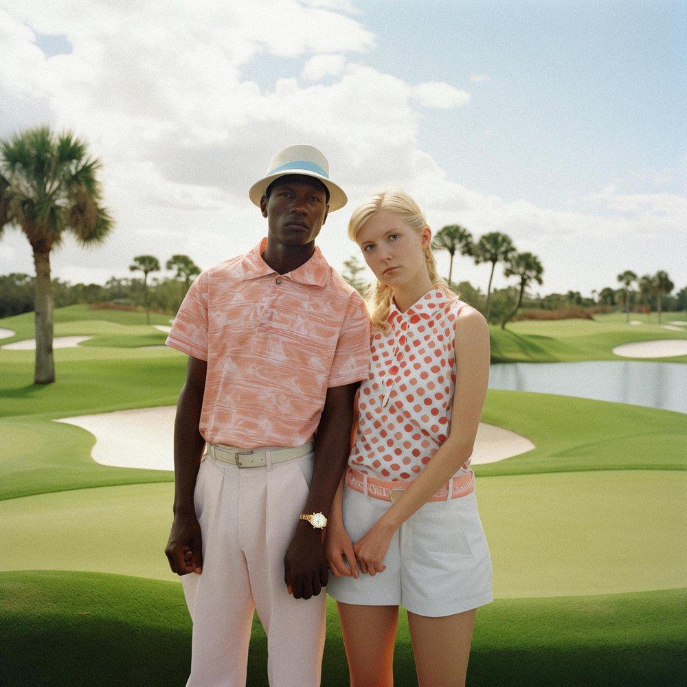 A young black man and a young white woman, both dressed in golf attire, standing on a golf course with a lake in the background.